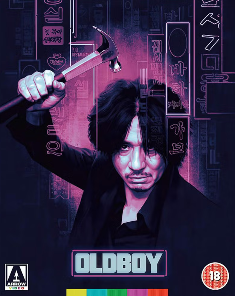 Olboy (2017) film cover art featuring a stylized illustration of the character holding a hammer, with neon signs and Korean text on a dark background. Includes Arrow Video logo and an 18 rating badge.