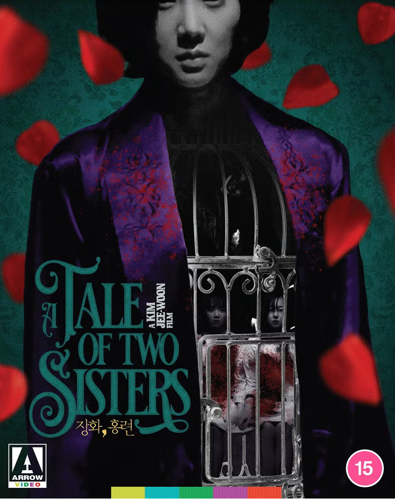 Tale of Two Sisters (2013) film poster featuring a woman in a purple and black traditional robe with red rose patterns, a birdcage overlay, and red rose petals on a dark green patterned background. Includes Arrow Video logo and a 15 rating badge.