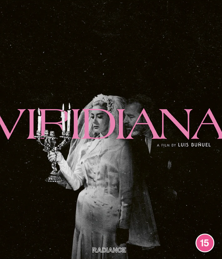 Blu-ray case for the film 'Viridiana' featuring a black-and-white vintage photograph of a bride and groom, with the title in large pink letters and a pink 15 rating badge on a white plastic case.