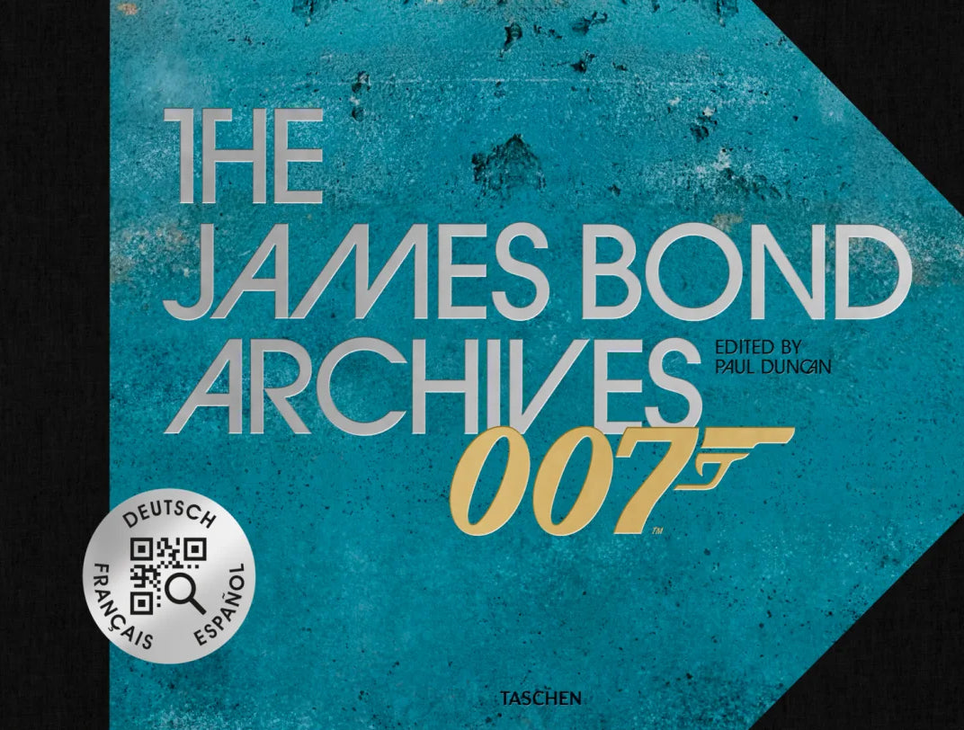 The James Bond Archives 007 book cover by Taschen, featuring a textured teal background with bold white title text, a gold 007 logo, and a round sticker indicating German, French, and Spanish editions.
